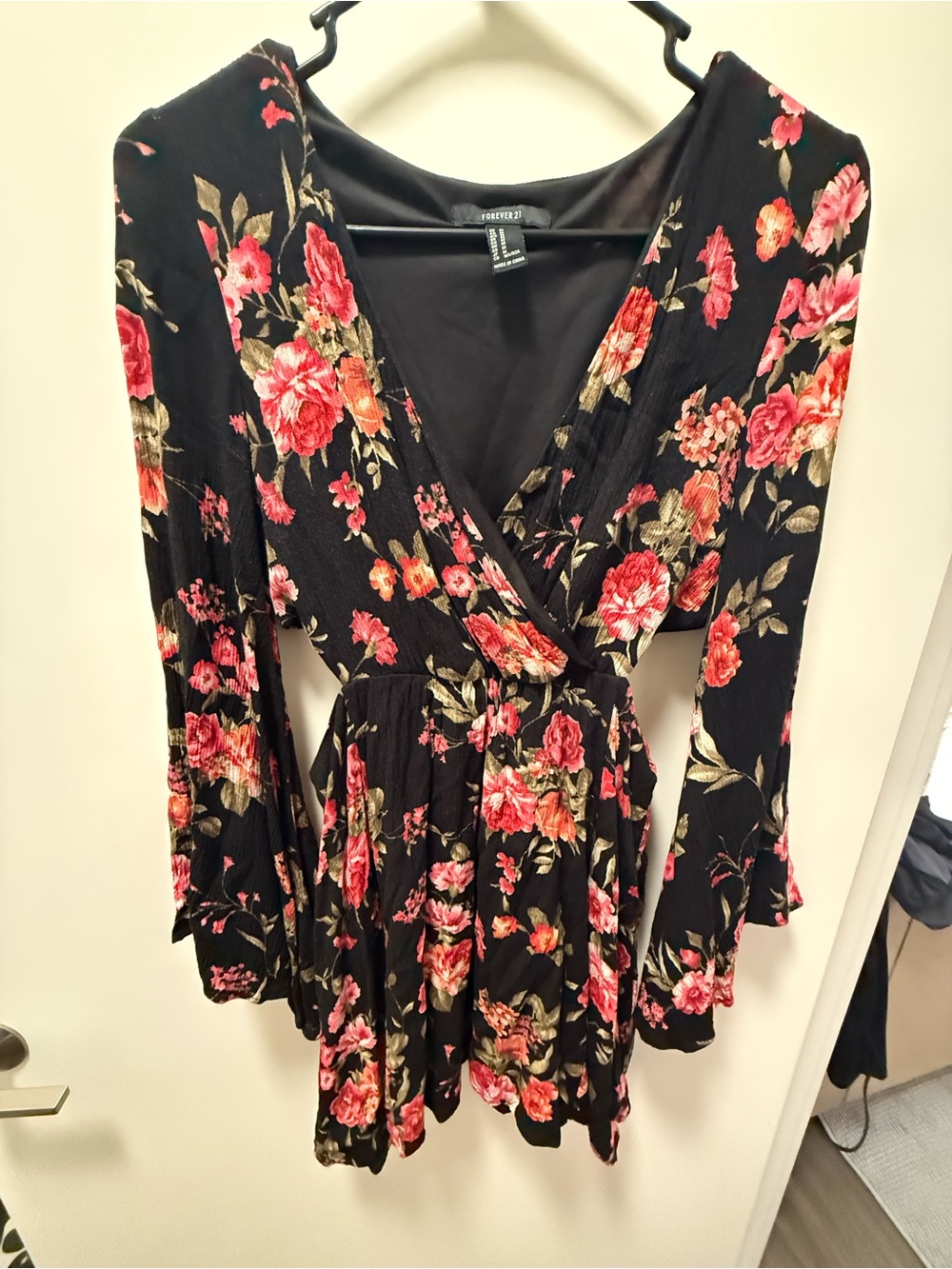 Forever 21 Floral Wrap Mini Dress - Black with Pink Rose Print